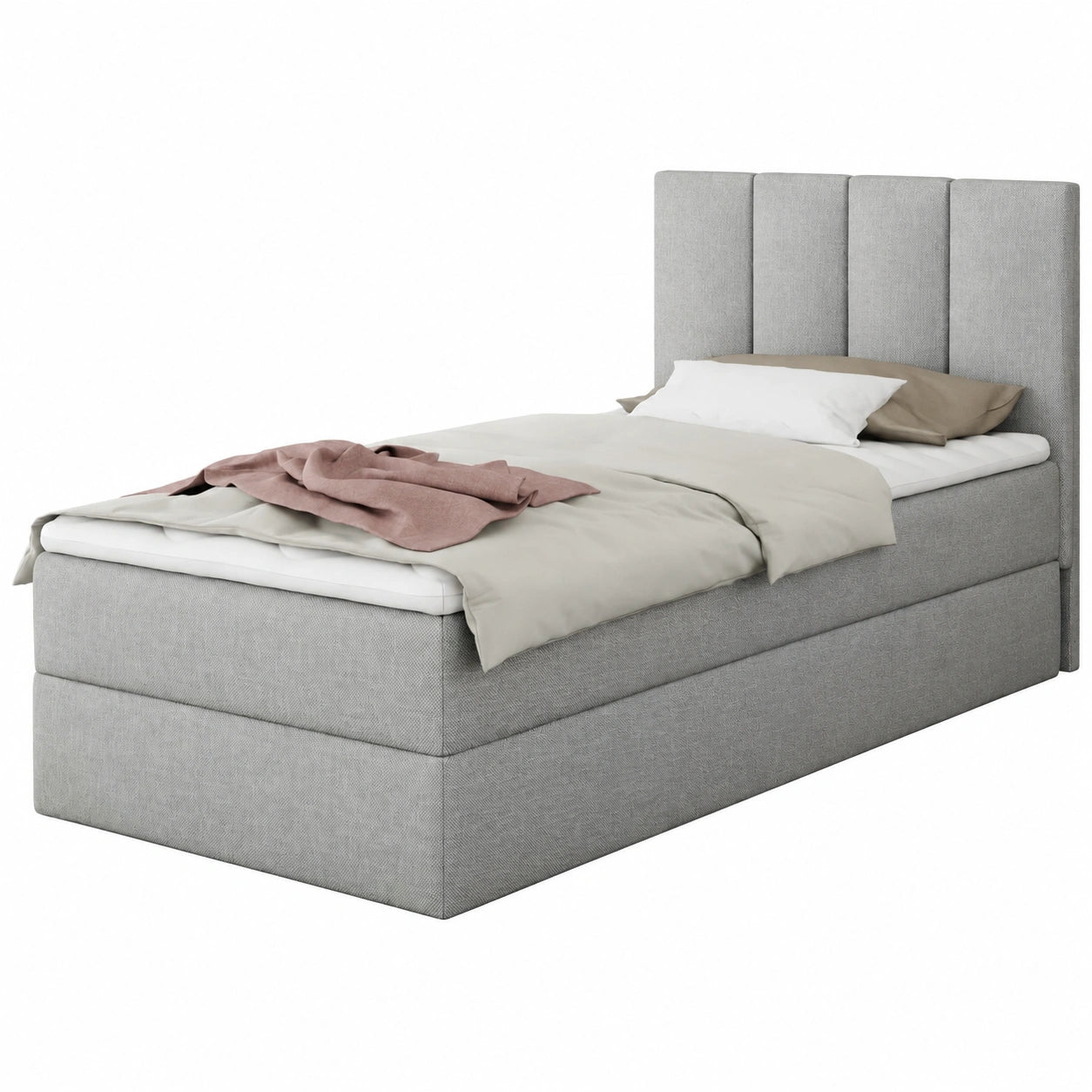 Boxspringbett – 90 × 200 cm, gepolstert, mit Bettkasten, Grau, für Schlafzimmer und Jugendzimmer