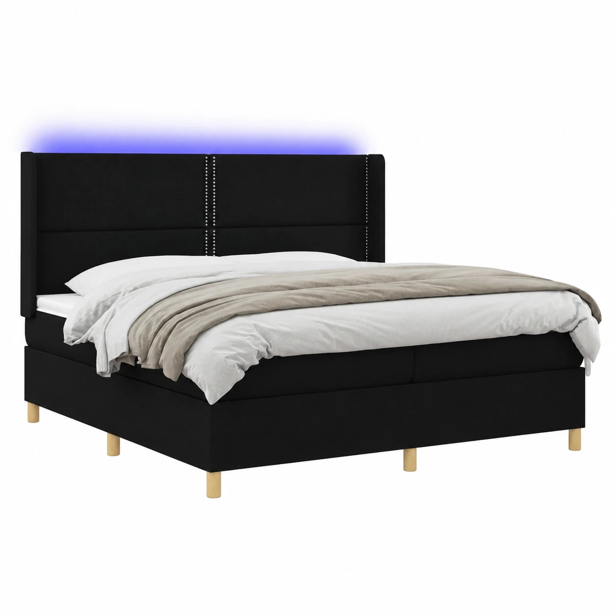 Boxspringbett – 200 × 200 cm, mit LED-Beleuchtung, mit Bettkasten, aus Stoff, Schwarz