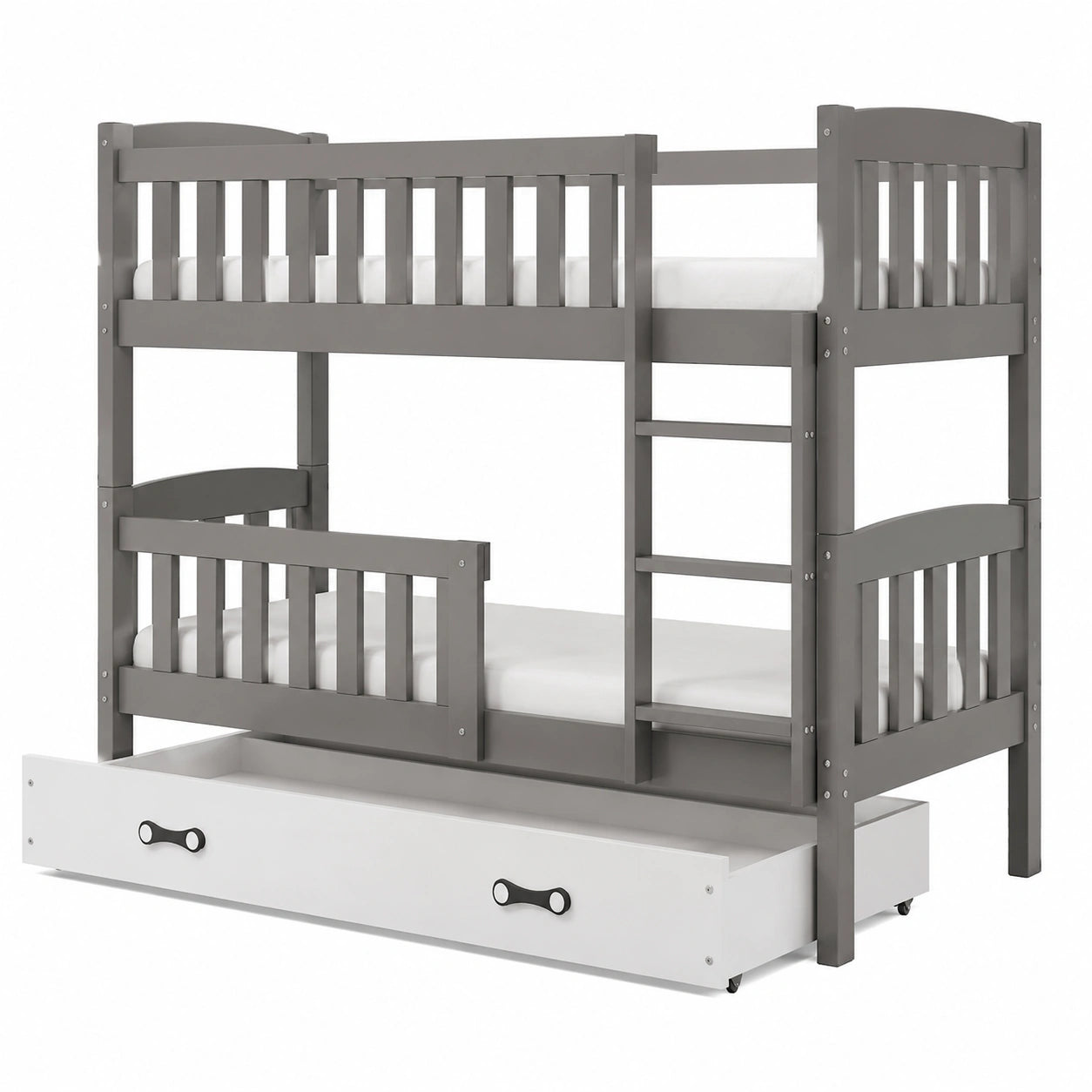 Etagenbett – 200 × 90 cm, mit Schubladen, mit Lattenrost, aus Kiefernholz, Grau