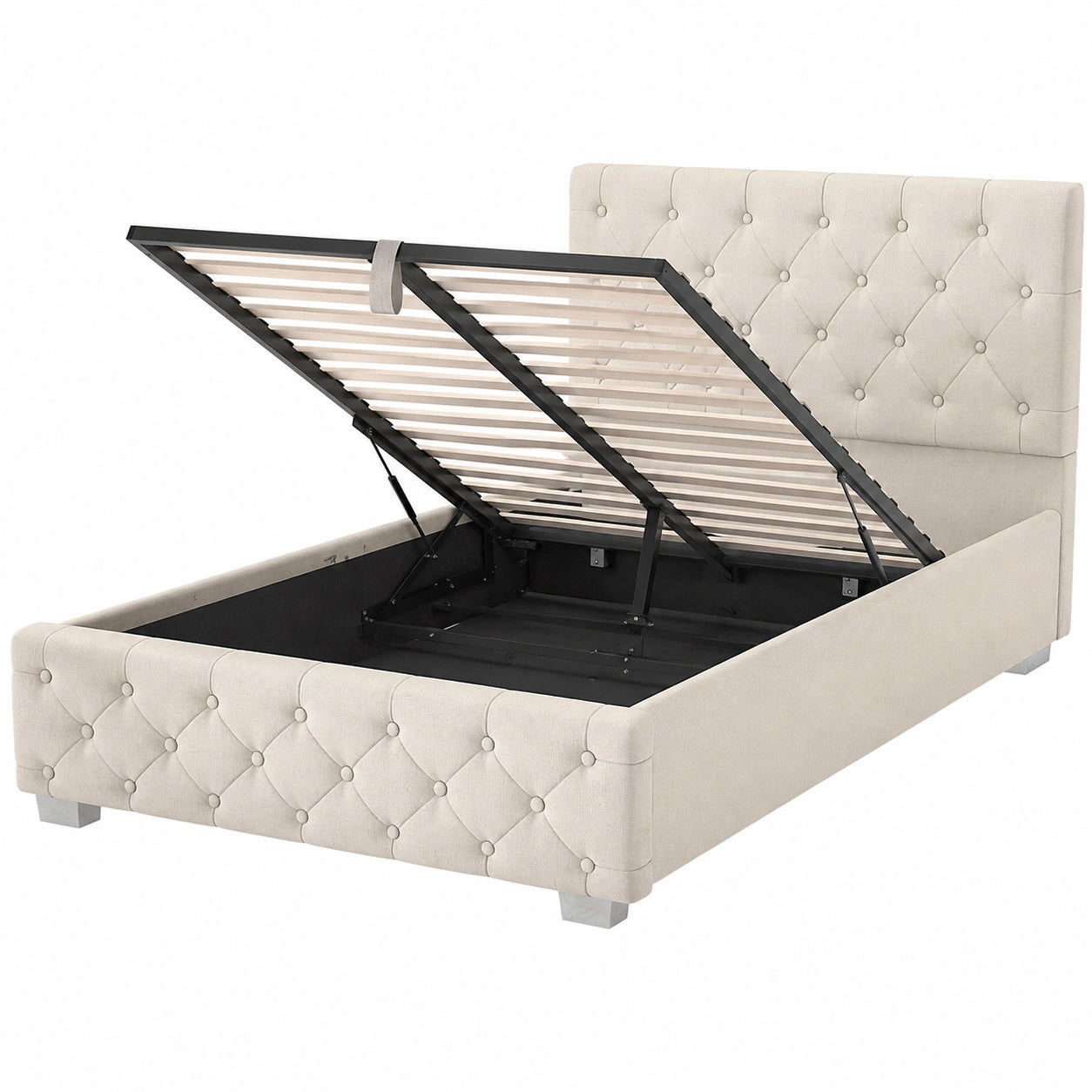 Polsterbett – 120 × 200 cm, gepolstert, mit Stauraum, mit LED-Beleuchtung, mit Lattenrost, Beige